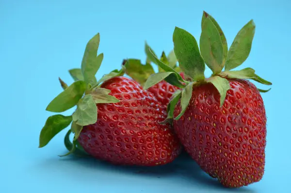 Natürliche Erdbeere auf blauem Hintergrund, Nahaufnahme — Stockfoto