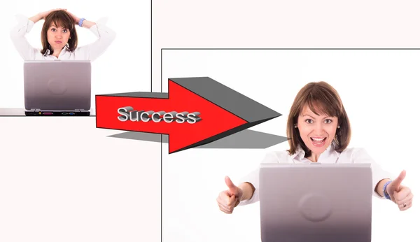 Young woman who achieves success to the computer — Stock Photo, Image