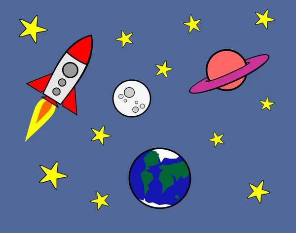 Karikatur Einer Rakete All Mit Sternen Mond Satin Und Dem — Stockfoto