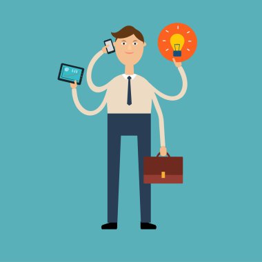 çok silahlı işadamı ile bir telefon, tablet, portföy ve fikir