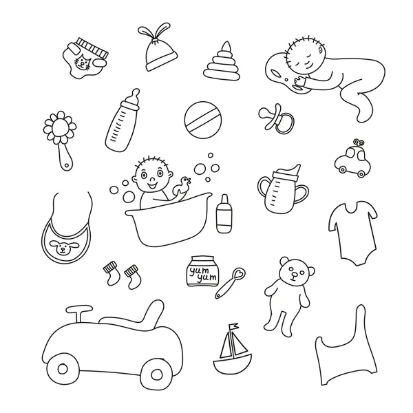 Big set baby stuff. Cute set of things for childrenhood. Isolated icons of  baby goods for newborns. Clothing, toys, accessories for hygiene, food for  Infant Stock Vector