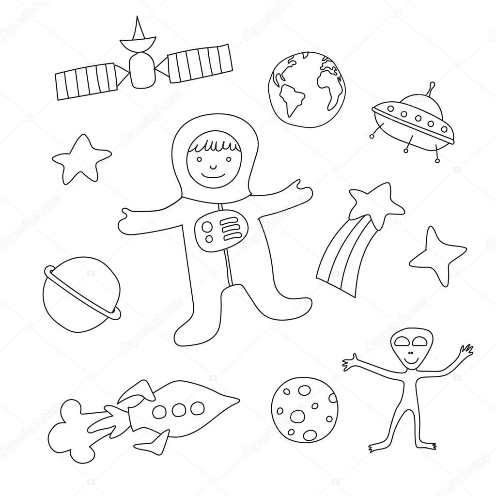 Set of cartoon baby items on the theme of outer space, coloring