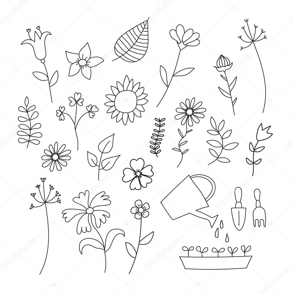 Set of doodle flowers and plants