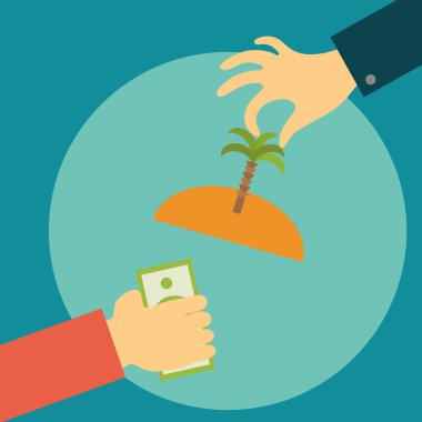 Hand of a realtor holds out the island with palm tree clipart