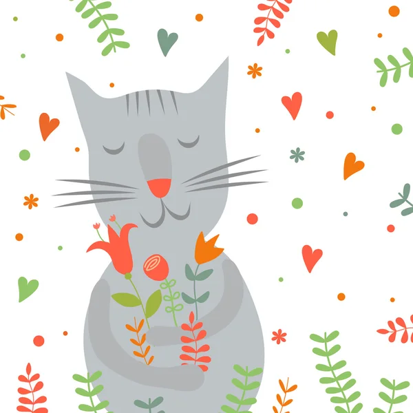 Cute cartoon smiling cat with floral print and hearts — Stock Vector