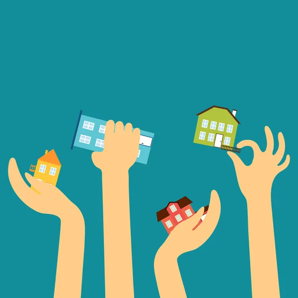 Händerna på säljare eller köpare nå olika söta hus — Stock vektor
