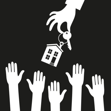 Hand real estate agent holding holds a key with a tag in the for clipart