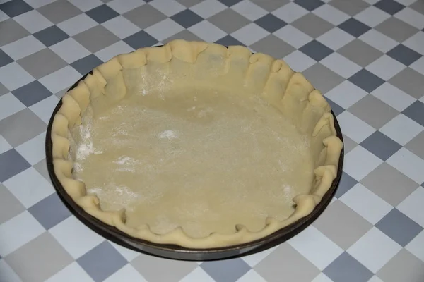 Pasta Frolla Teglia Tavola Preparazione Torta Zucca Durante Ringraziamento Una — Foto Stock