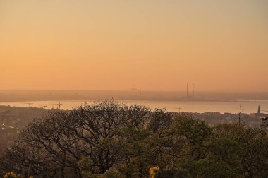 Dublin Körfezi, Covanta Fabrikası (Dublin enerji atığı), inşaat vinçleri ve altın güneş ışığında ağaç dalları, Killiney Hill Parkı, Dublin, İrlanda. Yumuşak ve seçici odak