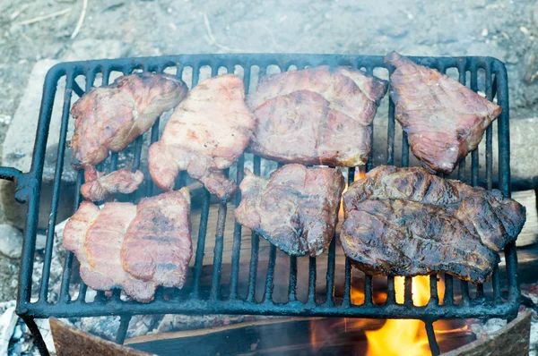 Beaucoup de viande tranchée friture sur le gril — Photo
