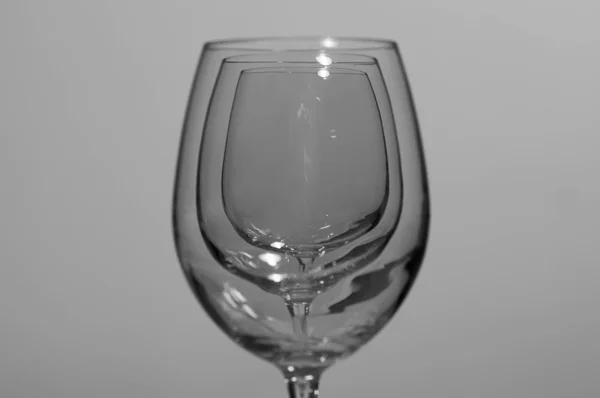 Tiro preto e branco de vidro de videira de árvore onde os óculos estão em uma linha — Fotografia de Stock