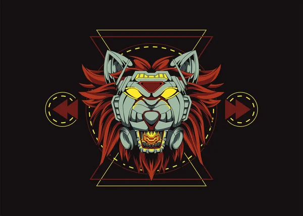 Mecha Aslan Vektör Şablonu. Kutsal Geometri ile Kükreyen Aslan Mecha tasviri.