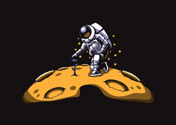 Illustration Von Astronauten Beim Blütenpflücken Auf Dem Mond Vektor Design — Stockvektor