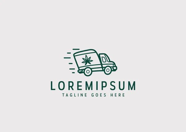 Marihuana servis logosu tasarımı. Hızlı kamyon marihuana teslimat servisinin vektör çizimi. Satır sanat simgesi biçiminde vintage logo tasarımı.