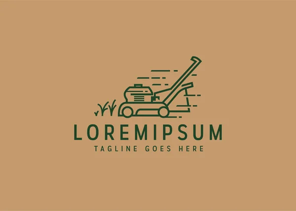 Çim biçme makinesi logosu tasarımı. Hızlı çim biçme makinesinin vektör çizimi. Satır sanat simgesi biçiminde vintage logo tasarımı.