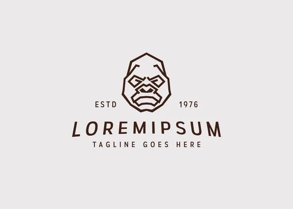 Goril kafası logo tasarımı. İfadesiz bir gorilin yüzünün vektör çizimi. Satır sanat simgesi biçiminde vintage logo tasarımı.