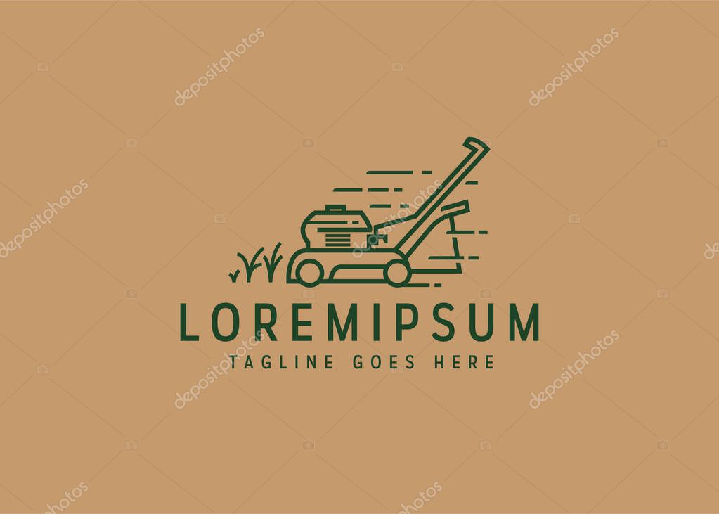 Lawn mower logo design. Vector illustration of fast lawn mower. Vintage logo design with line art icon style.