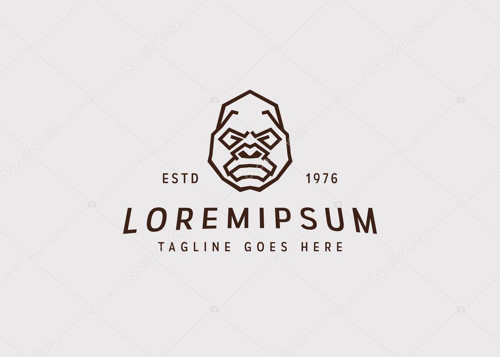 Gorilla head line logo design. Vector illustration of the face of an expressionless gorilla. Vintage logo design with line art icon style.
