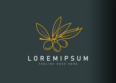 Doğal zeytin lüks logo tasarımı. El 'in çizilmiş düğün zeytininin vektör çizimi. Satır sanat simgesi biçiminde modern logo tasarımı.