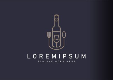 Şarap restoranı logosu tasarımı. Şarap ve yemek ekipmanlarının ikon vektör çizimi. Çizgi sanatı tarzında modern logo tasarımı.