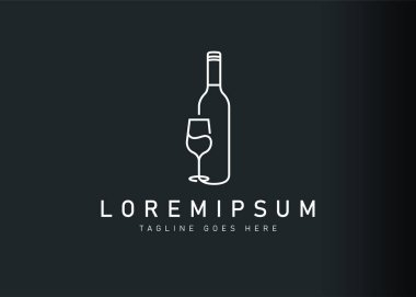 Şarap logosu tasarımı. Şarap şişesi ve camın ikon vektör çizimi. Çizgi sanatı tarzında modern logo tasarımı.