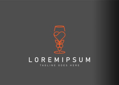 Şarap aşkı logosu tasarımı. Üzümlü kalp şarabı kadehinin ikon vektör çizimi. Çizgi sanatı tarzında modern logo tasarımı.
