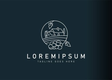 Şarap alanı logosu tasarımı. Üzüm bağları ve şarap mahzenlerinin ikon vektör çizimi. Çizgi sanatı tarzında modern logo tasarımı.