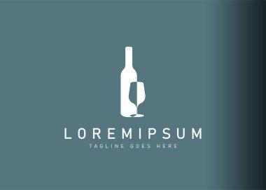 Siluet şarap logosu tasarımı. Silüet şarap şişesi ve camın ikon vektör çizimi. Çizgi sanatı tarzında modern logo tasarımı.