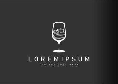 Şarap camı logosu tasarımı. Üzüm bağları ve şarap mahzenlerinin ikon vektör çizimi. Çizgi sanatı tarzında modern logo tasarımı.
