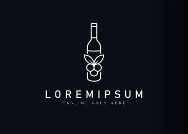 Şarap şişesi logosu tasarımı. Şişe üzümlerinin ikon vektör çizimi. Çizgi sanatı tarzında modern logo tasarımı.