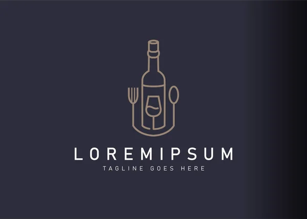 Şarap restoranı logosu tasarımı. Şarap ve yemek ekipmanlarının ikon vektör çizimi. Çizgi sanatı tarzında modern logo tasarımı.