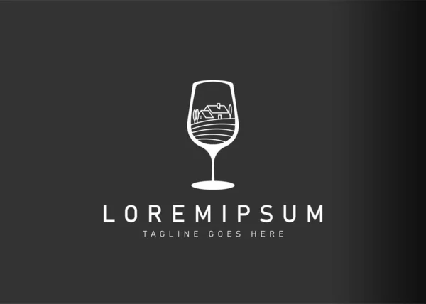 Şarap camı logosu tasarımı. Üzüm bağları ve şarap mahzenlerinin ikon vektör çizimi. Çizgi sanatı tarzında modern logo tasarımı.
