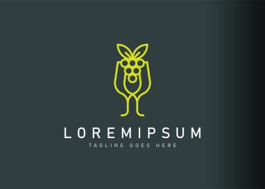 Yeşil şarap cam logosu tasarımı. Yeşil şarap ve camın ikon vektör çizimi. Çizgi sanatı tarzında modern logo tasarımı.