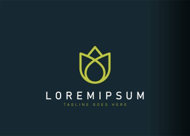 Çiçek logosu tasarımı. Çiçek nilüfer çiçeği tabelalarının ikon vektör çizimi temel yağ damlalarıyla birleştirildiğinde minimalist ve temiz görünüyor. Çizgi sanatı tarzında modern logo tasarımı.