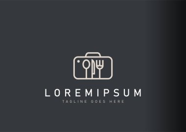 Aşçılık işi logosu tasarımı. Çatal bıçak ve evrak çantasının vektör çizimi, yemekle ilgili çalışma. Çizgi sanatı tarzında modern logo tasarımı.