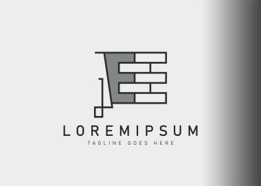 Tuğla inşaat logosu tasarımı. İlk E tuğlası yapı ikonu tasarımının vektör illüstrasyonu. Çizgi sanatı tarzında modern logo tasarımı.