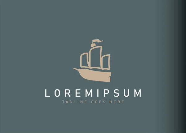 Galleon logo tasarımı. Minimalist eski gemi simgesi tasarımının vektör çizimi. Düz çizgili modern logo tasarımı.