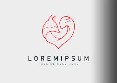 Tilki bakım merkezi logosu tasarımı. Aşk biçimindeki yaratıcı tilki çizgisinin vektör çizimi. Vintage logo tasarım vektör çizgisi şablonu