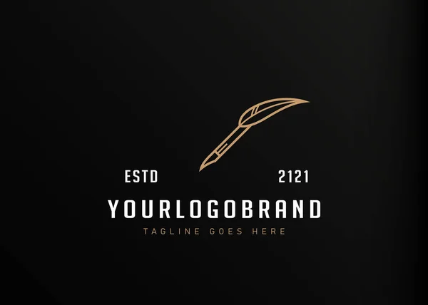 Tüy kalem logosu tasarımı. Tüy monolin dizaynlı kalemin vektör çizimi. Vintage logo tasarım vektör çizgisi şablonu
