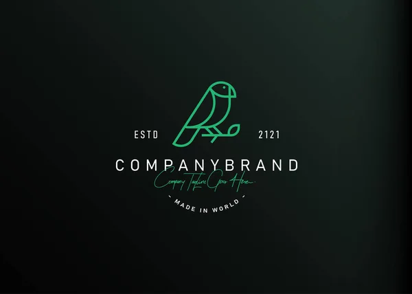 Kuş logosu tasarımı ilham verici. Dal üzerinde tünemiş bir kuşun vektör çizimi. Satır sanatı tarzında modern vintage tasarım şablonu.