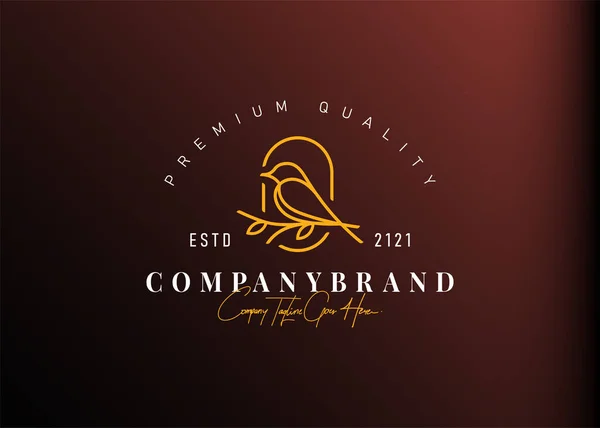 Kuş logosu tasarımı ilham verici. Dalın üzerine tünemiş bir kuşun vektör çizimi. Satır sanatı tarzında modern vintage tasarım şablonu.
