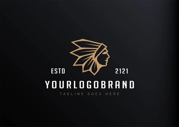 Kızılderili savaşçı logosu ilham kaynağı. Amerikan yerlilerinin savaş başlığı süslemeleri olan Kızılderili askerlerinin bir temsili. Satır sanatı tarzında modern vintage tasarım şablonu.