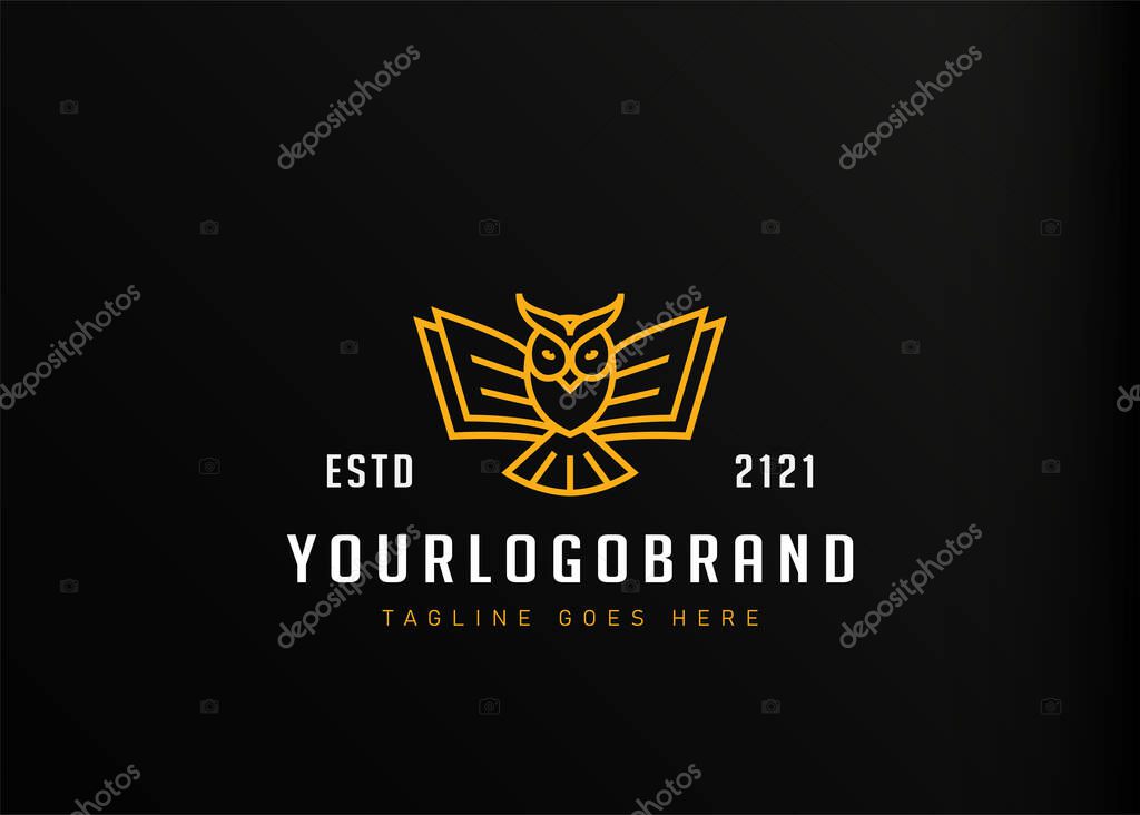Book owl logo design inspiration. Vector illustration of an owl with wings that resembles a book. Modern vintage icon design template with line art style.