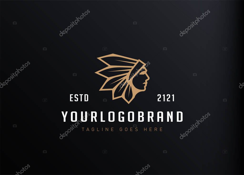 Indian warrior logo design inspiration. Vector illustration of a profile of Native American Indian soldier with war head feather decoration. Modern vintage icon design template with line art style.
