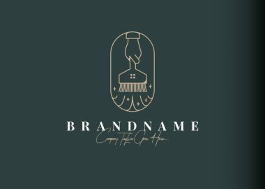 Ev Temizliği Servisi logosu tasarımı ilham verici. Süpürge Evi 'ne Benzer Bir Süpürgeyi Tutarken Ellerin Gösterimi. Satır Biçimli Modern Simge Tasarım Vektör Şablonu