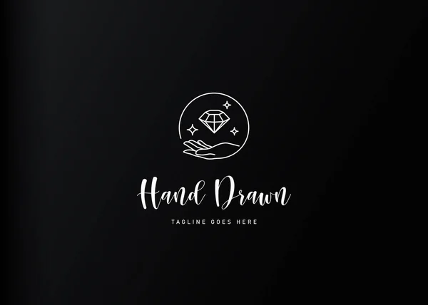 Elmas logo tasarımı. Çember çerçeveli estetik el hareketi ve elmasın vektör çizimi. Satır sanatı tarzında modern vintage tasarım şablonu.