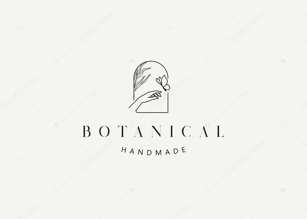 Aesthetic hand botanic butterfly logo design. Vector illustration of hand playing with butterfly. Modern vintage icon design template with line art style.