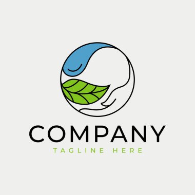 Yaprak, su damlası ve Çemberdeki El 'in Vektör İllüstrasyonu. Klasik Modern Logo Çizgisi Sanat Şablonu