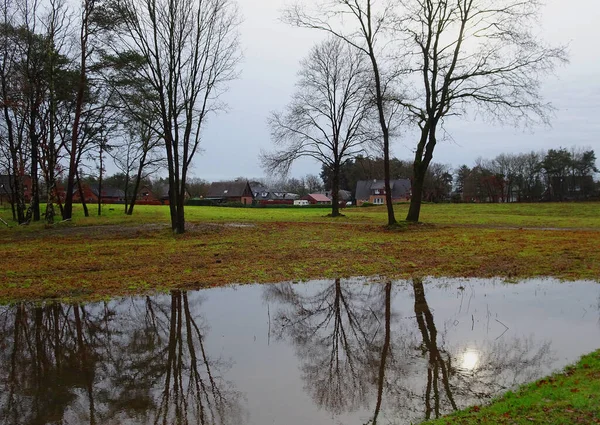 Soleil Hiver Reflète Dans Une Grande Flaque Eau Pluie Vue — Photo