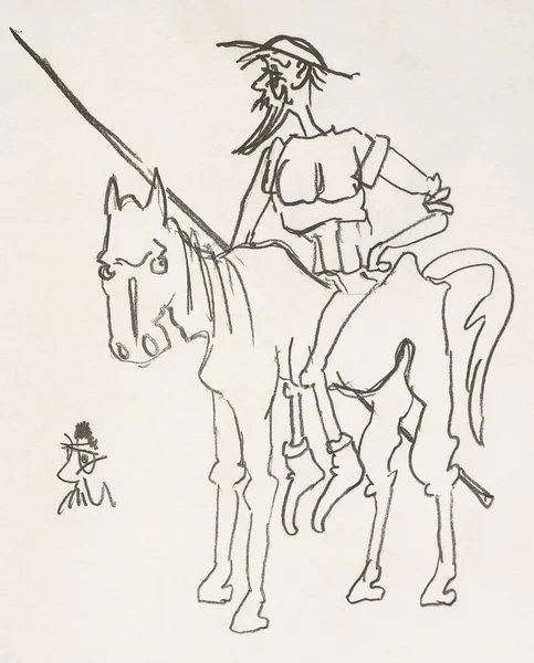 Illustration Don Quichotte Chevalier Errant Sur Son Cheval Épuisé Rocinante — Photo